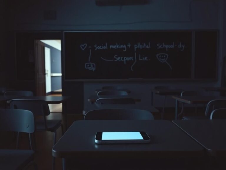 Flick International Dimly lit classroom with empty desks and a smartphone, hinting at digital communication.