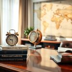 Flick International A polished wooden desk with books on politics and an antique clock in a serene office setting