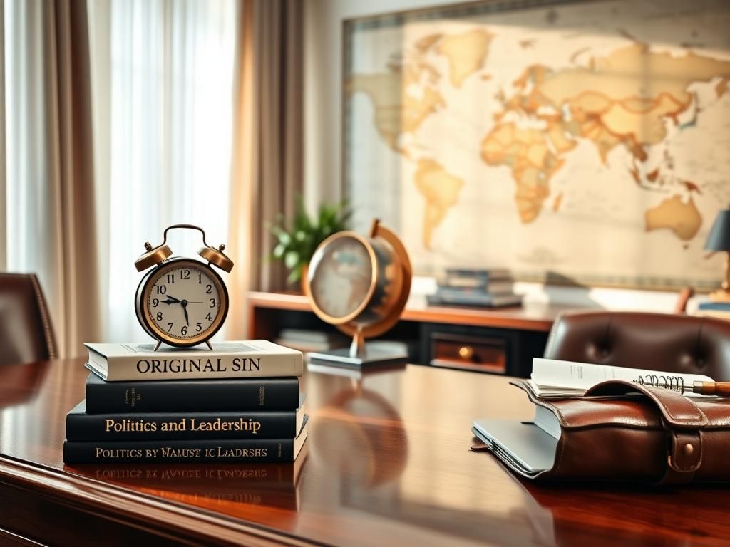 Flick International A polished wooden desk with books on politics and an antique clock in a serene office setting