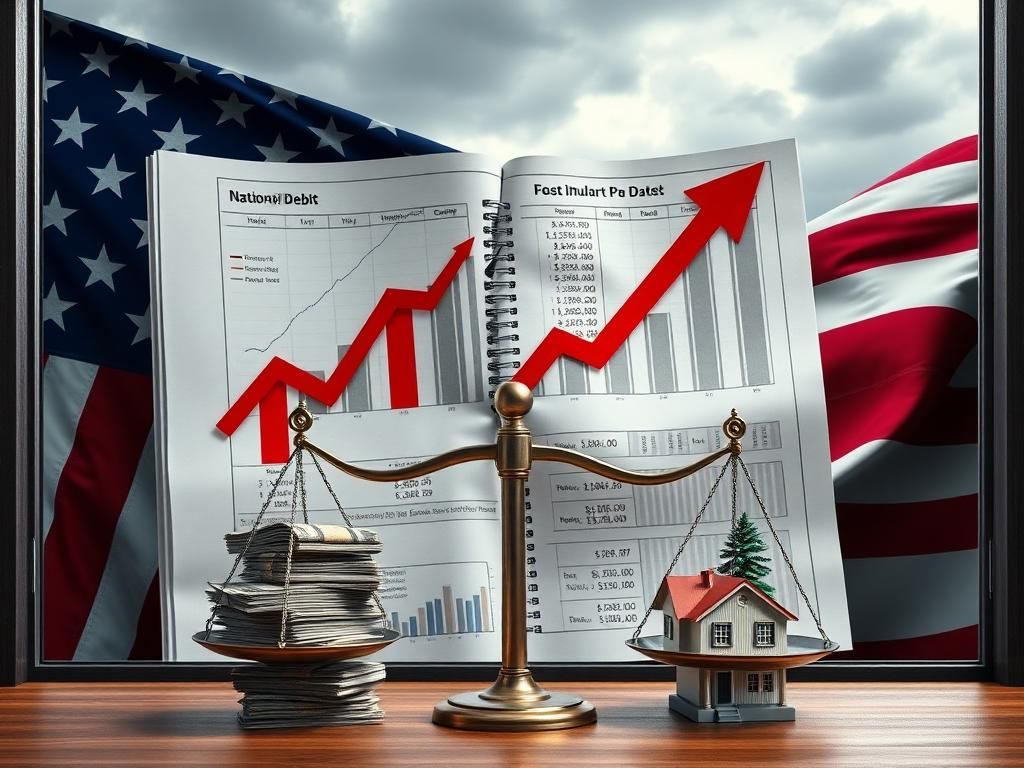 Flick International A financial ledger displaying graphs of rising national debt with a fractured American flag in the background
