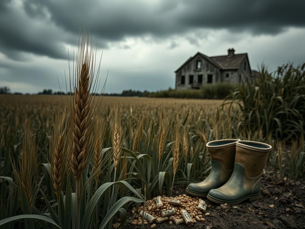 Flick International Close-up of a sick wheat stalk affected by Fusarium graminearum in a foreboding agricultural landscape