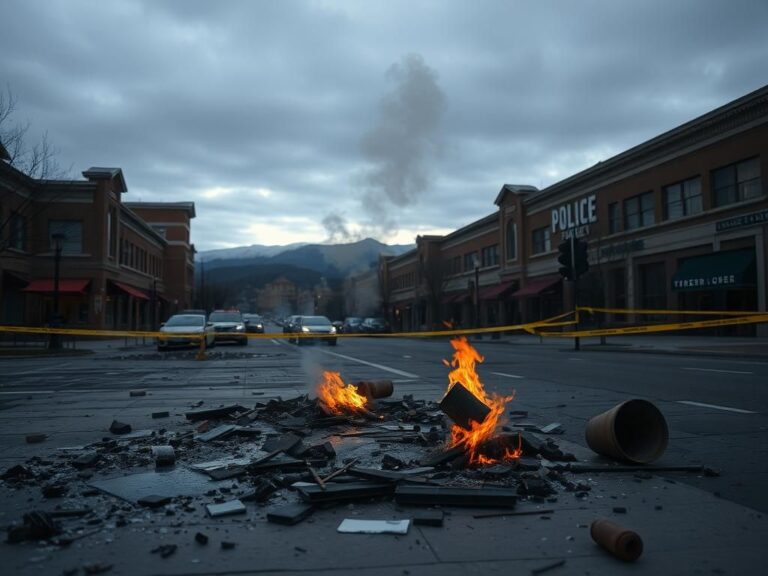 Flick International Aftermath of a targeted terror attack in Boulder, Colorado, featuring shattered glass and smoke rising from small fires.
