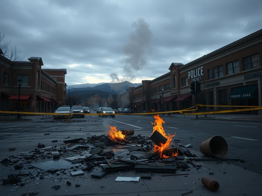 Flick International Aftermath of a targeted terror attack in Boulder, Colorado, featuring shattered glass and smoke rising from small fires.
