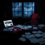 Flick International Dark office space with a large desk, red tie, newspaper, and glowing laptop related to political controversies