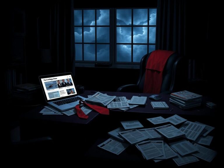 Flick International Dark office space with a large desk, red tie, newspaper, and glowing laptop related to political controversies