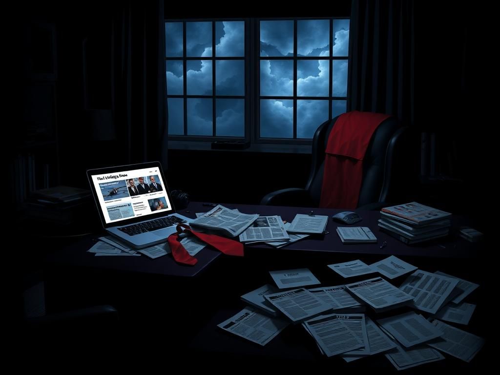 Flick International Dark office space with a large desk, red tie, newspaper, and glowing laptop related to political controversies