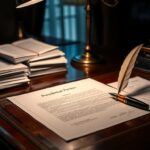 Flick International Close-up of a presidential desk with a blank pardon document and a quill pen