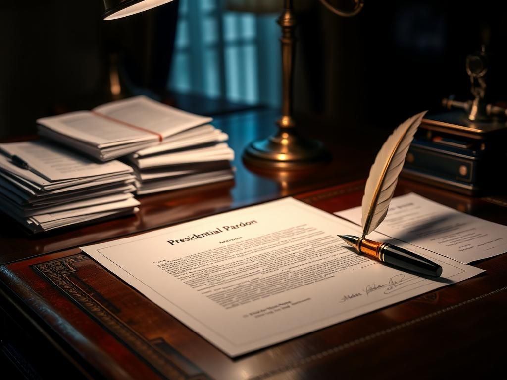 Flick International Close-up of a presidential desk with a blank pardon document and a quill pen