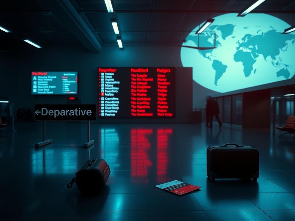 Flick International An empty airport departure lounge highlighting 'Departure' and 'Restricted' signs under fluorescent lights