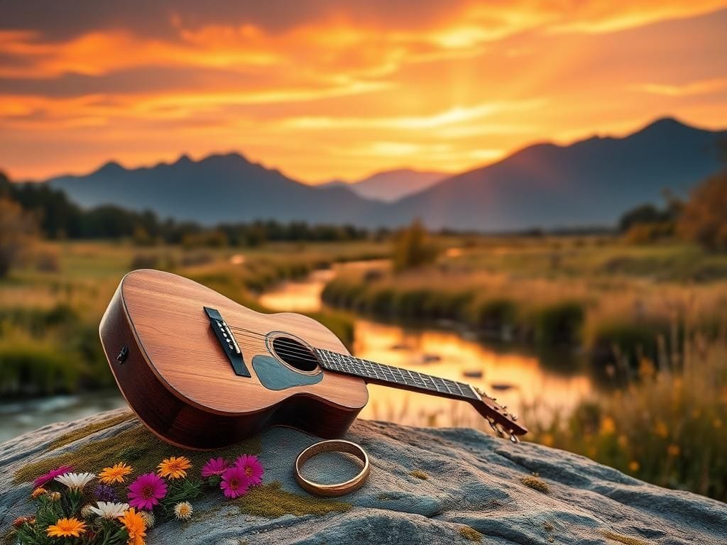 Flick International A serene country landscape at sunset with a guitar symbolizing Dolly Parton's music legacy