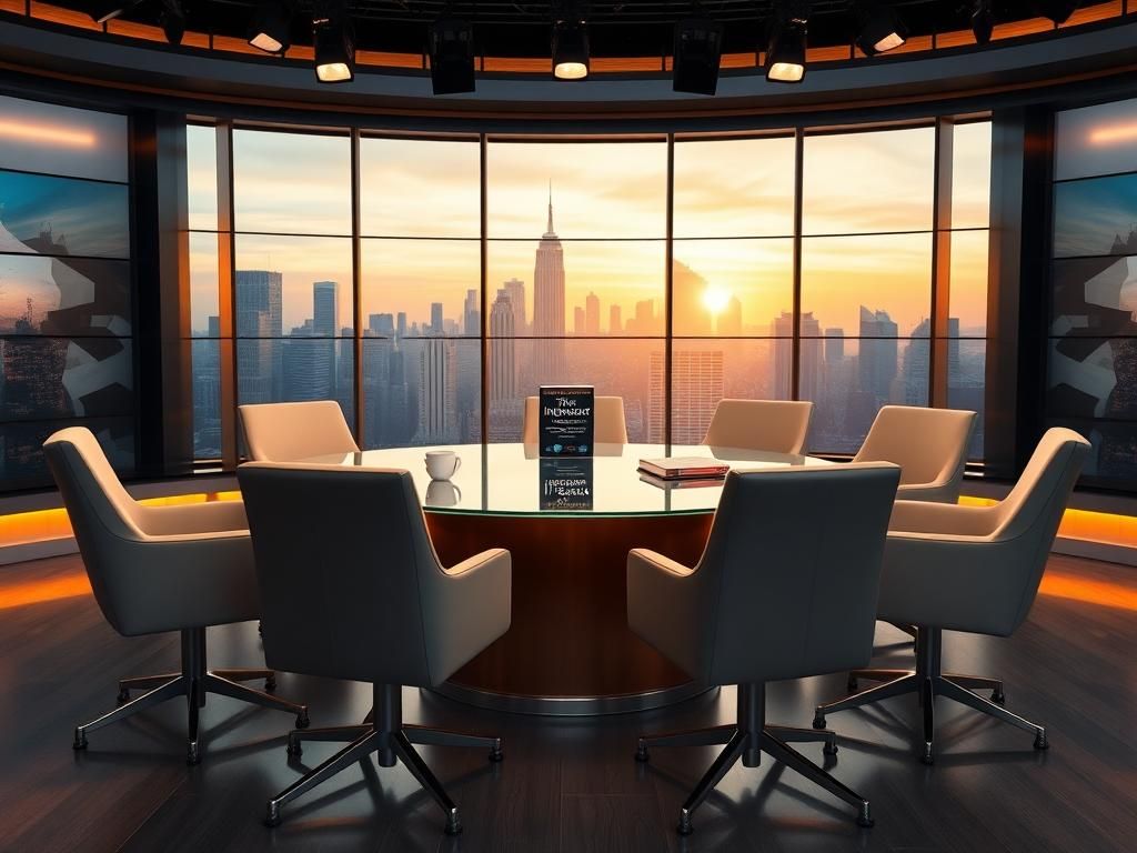 Flick International Stylish television studio set designed for talk shows with an empty circular table and city skyline view at dusk