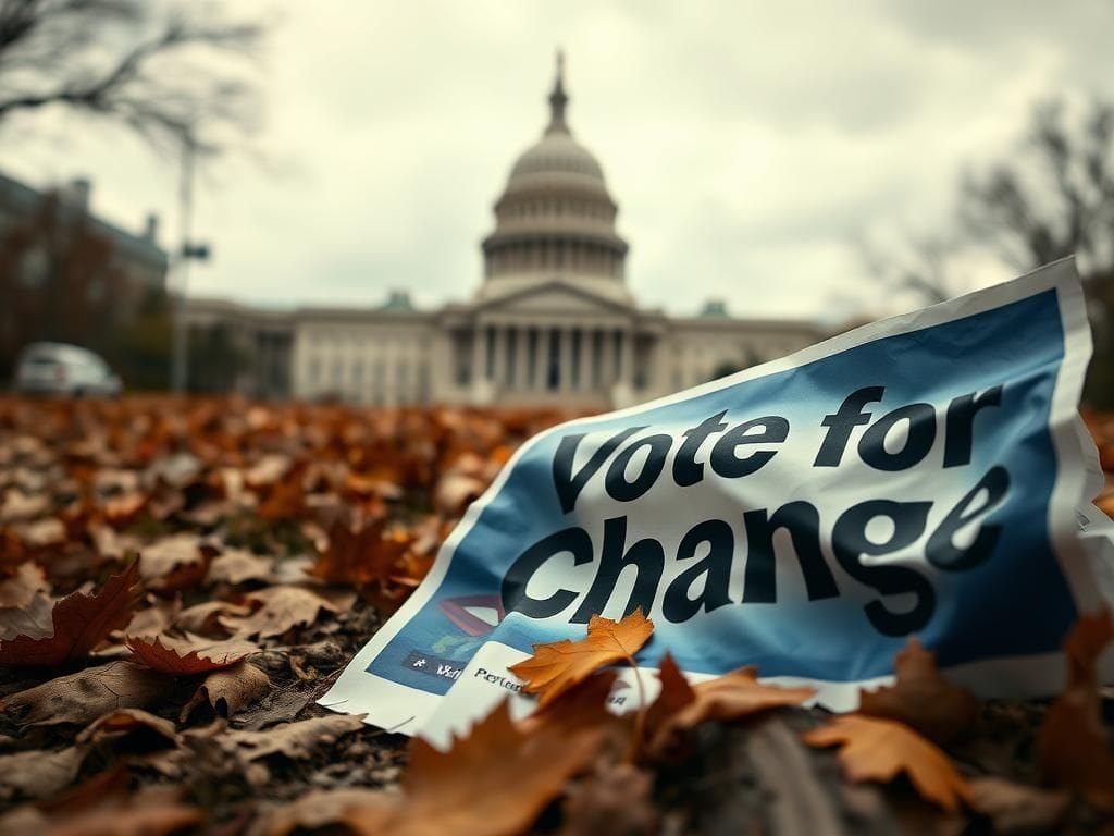 Flick International A crumpled political campaign poster reading 'Vote for Change' lying among autumn leaves
