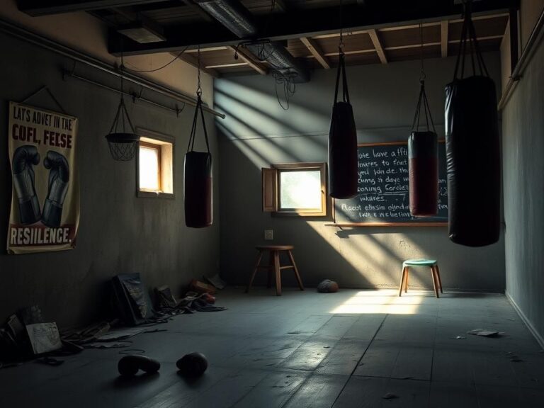 Flick International Dimly lit boxing gym with worn-out punching bags and training gear scattered around