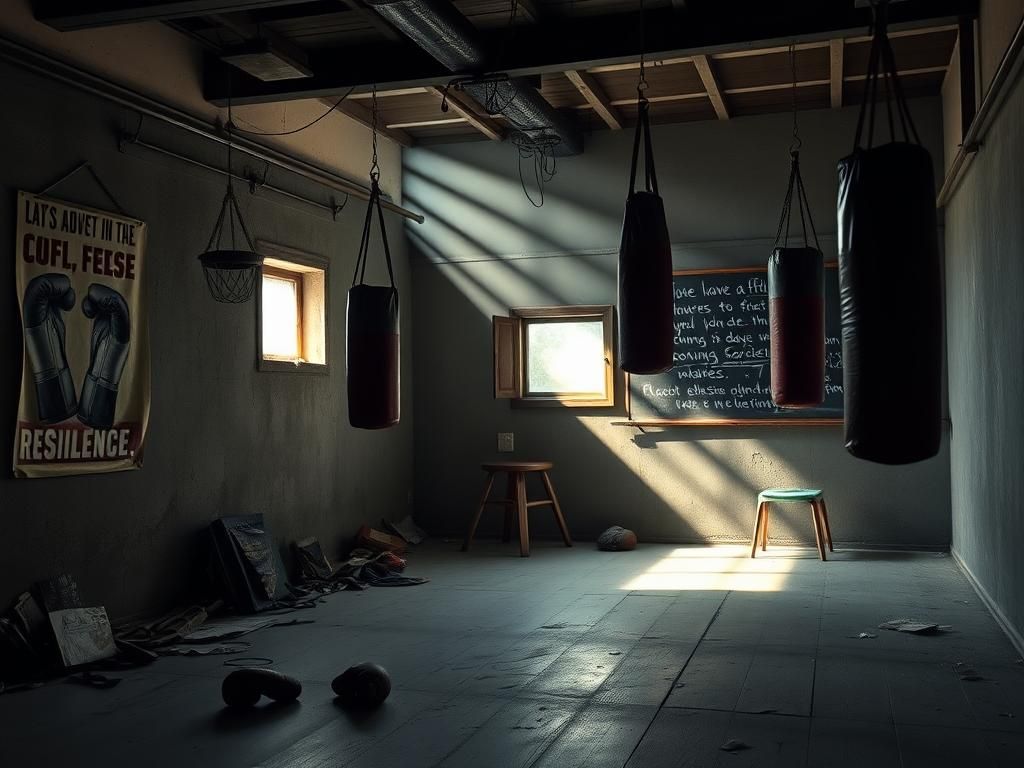 Flick International Dimly lit boxing gym with worn-out punching bags and training gear scattered around