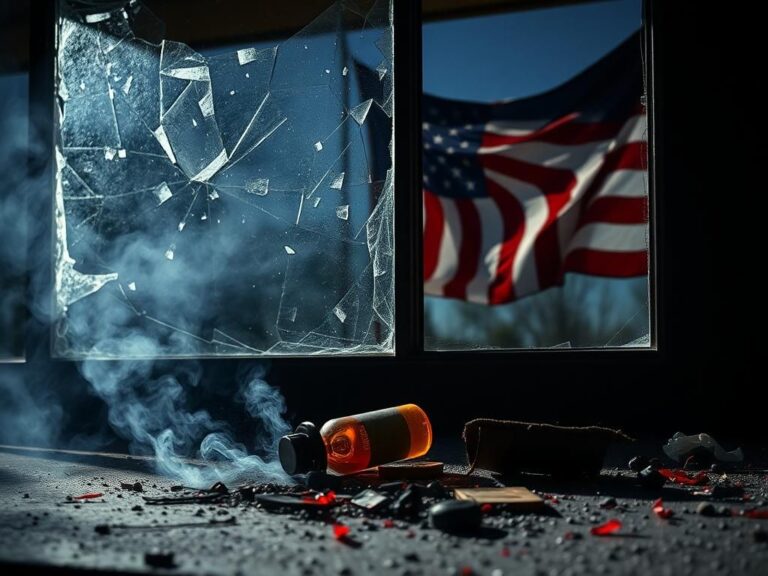 Flick International Shattered glass window at a Boulder building with remnants of a Molotov cocktail nearby
