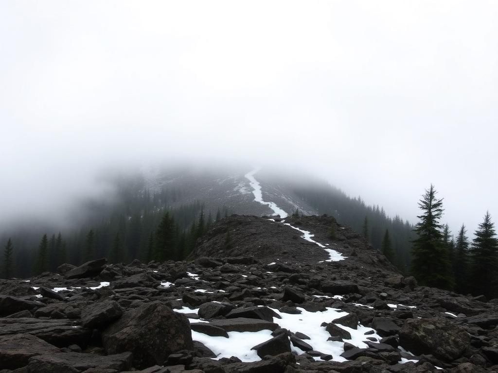 Flick International A somber view of Mount Katahdin shrouded in mist after tragic incident involving hikers.