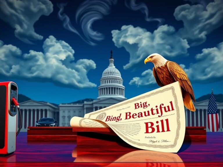 Flick International Dramatic political scene depicting a 'Big, Beautiful Bill' on a desk with the U.S. Capitol in the background
