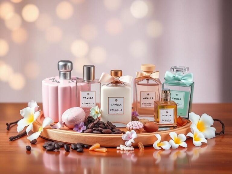 Flick International Whimsical still life of gourmand fragrances displayed with desserts