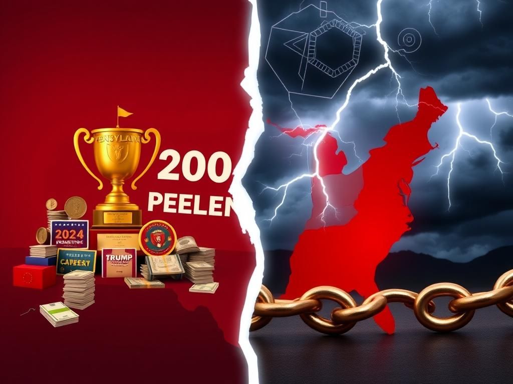 Flick International A split image showing a stylized map of the United States with Pennsylvania highlighted in red, symbolizing Trump's electoral battle.