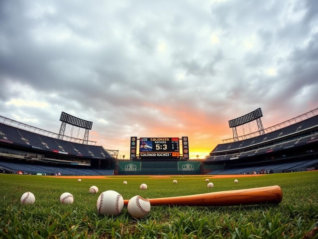 Flick International Panoramic view of the empty Colorado Rockies baseball stadium with the score 5-3 displayed on the scoreboard, symbolizing the team's challenging season.
