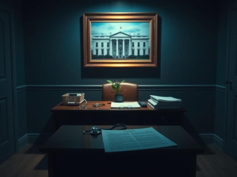 Flick International A dimly lit doctor's office with a wooden desk, medical files, and a stethoscope, symbolizing health assessments