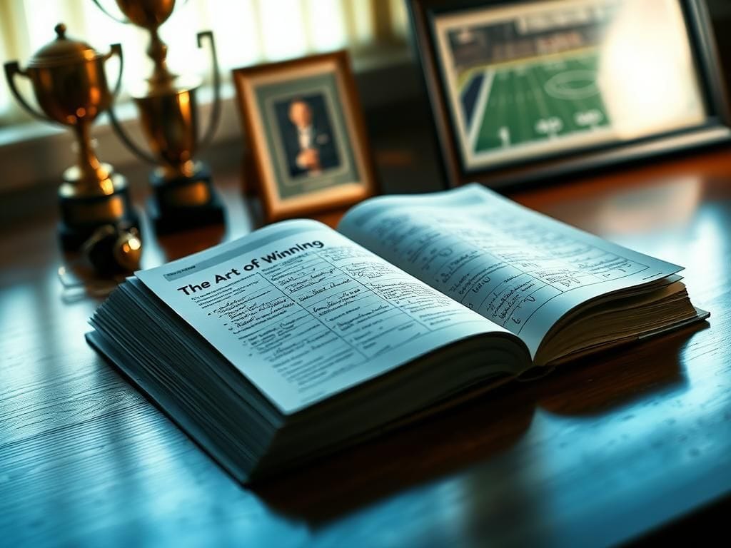 Flick International Close-up of a football playbook titled 'The Art of Winning' with strategic annotations