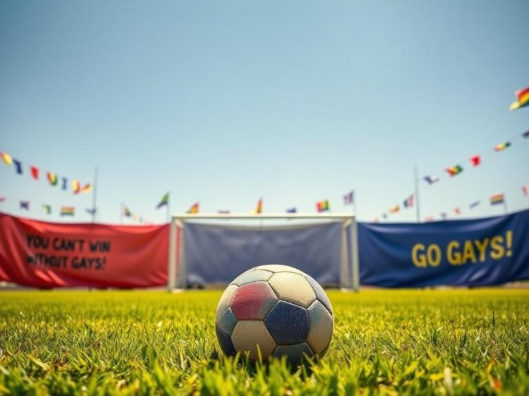 Flick International Vibrant soccer field with rainbow flags celebrating Pride Month