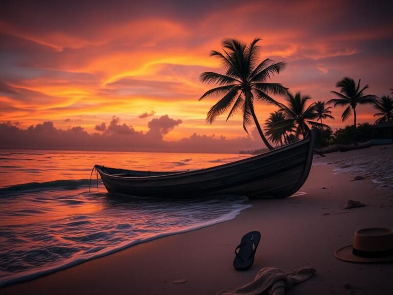 Flick International A weathered wooden boat on a serene beach in Punta Cana at dusk, symbolizing the escape route of a fugitive