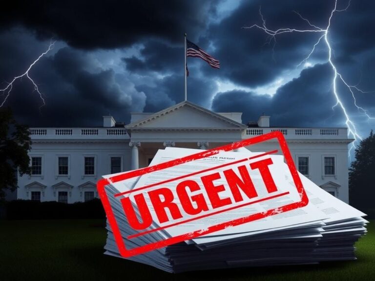Flick International Dramatic scene of the White House against a stormy sky with immigration papers in the foreground