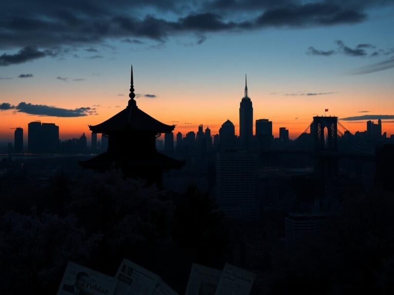 Flick International New York City skyline at dusk with shadowy pagoda and cherry blossoms