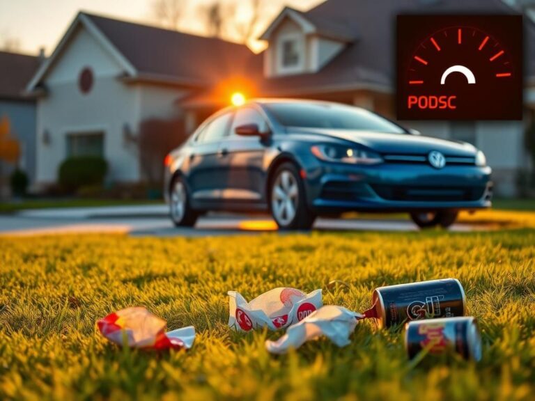 Flick International A well-maintained car parked in front of a tidy house during sunset, representing care amidst a backdrop of clutter.