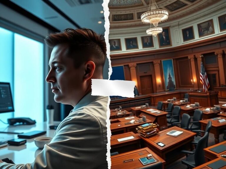Flick International Split image showcasing contrasting scenes of Elon Musk and Donald Trump feud: modern office vs. traditional government chamber.