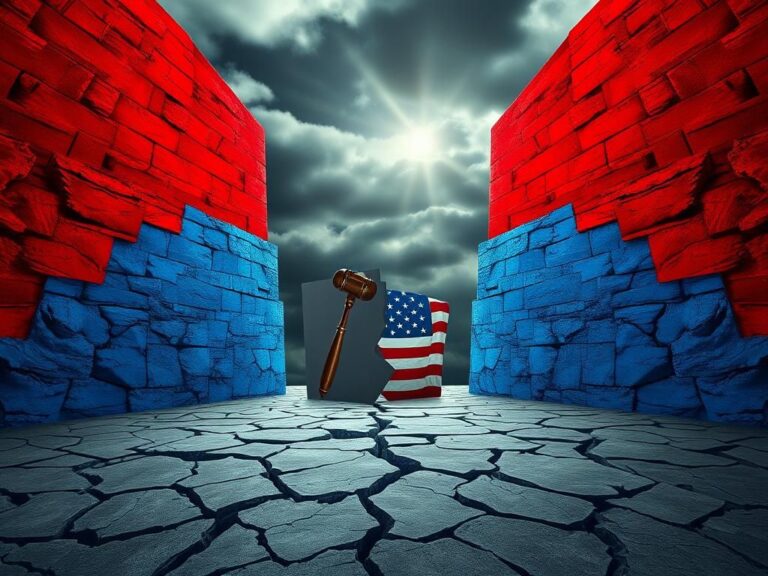 Flick International Dramatic abstract representation of political divide with stone walls in red and blue colors.