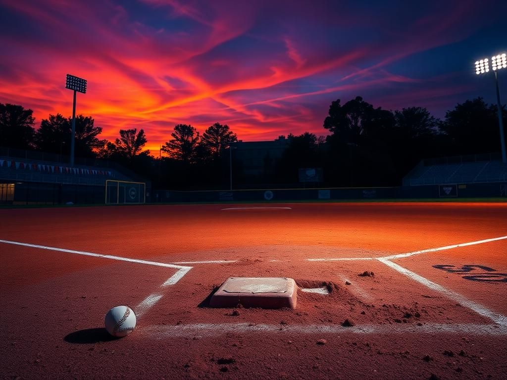 Flick International Dramatic softball scene with vibrant sunset and home plate focus