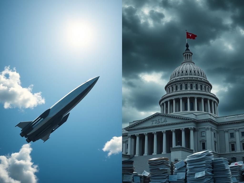 Flick International A split image showing a sleek spaceship soaring and a grand government building under a cloudy sky