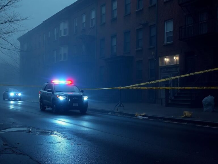 Flick International Early morning street scene in Newark, New Jersey with police vehicles and crime scene tape