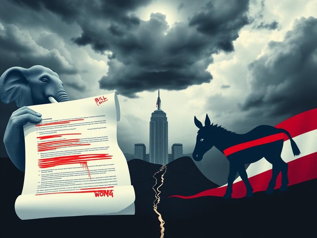 Flick International Symbolic representation of political tension with a bill covered in red ink and contrasting elephant and donkey imagery.