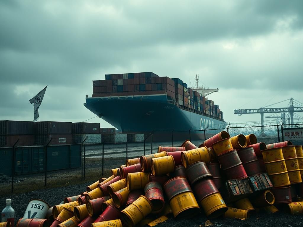 Flick International A dark industrial scene with a cargo container ship docked at a tense border port surrounded by ominous shipping containers labeled in Chinese.