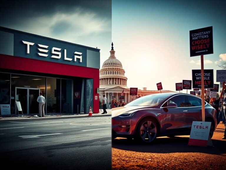 Flick International A split scene showing a vandalized Tesla dealership contrasted with a gleaming Tesla under a bright sky, symbolizing political division and alliance.