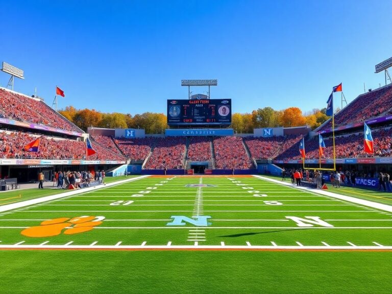 Flick International College football stadium filled with vibrant Clemson Tigers and North Carolina Tar Heels colors