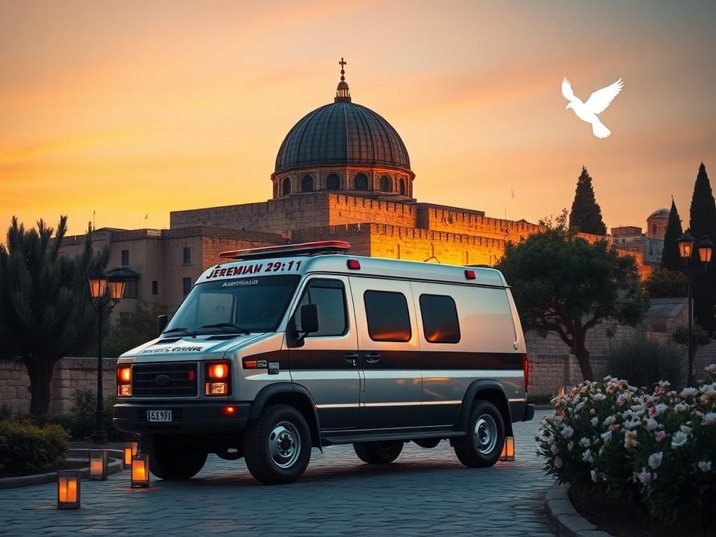 Flick International Armored 'bulletproof' ambulance dedicated by Samaritan’s Purse in Jerusalem at dusk
