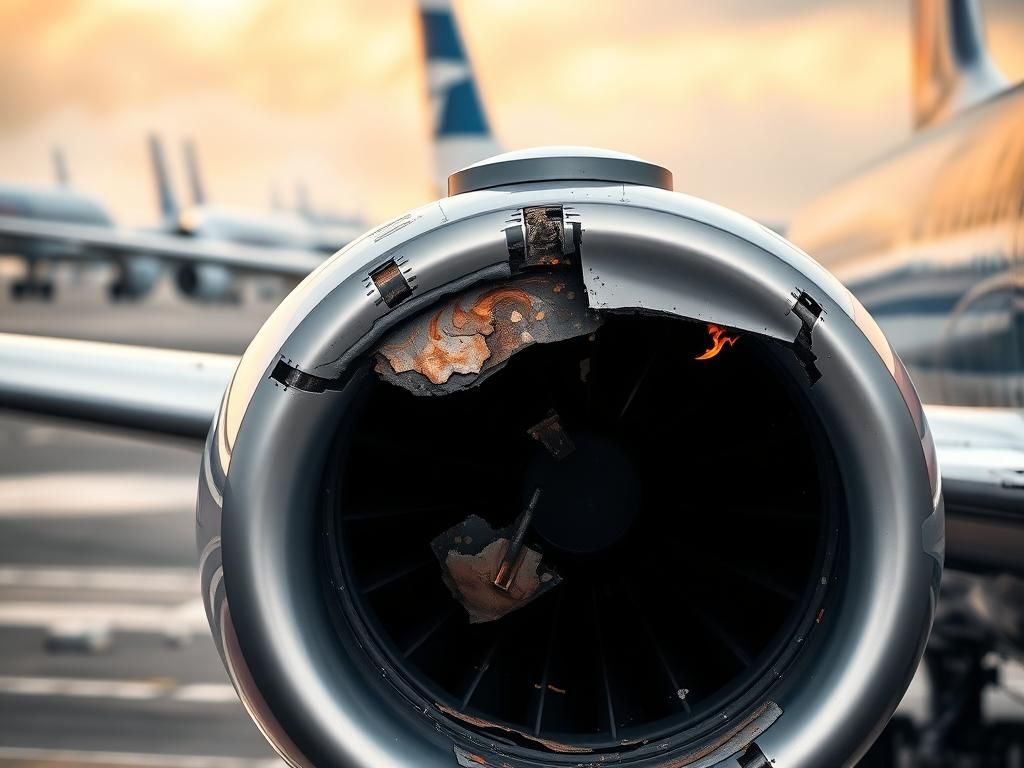 Flick International Close-up view of damaged engine showcasing charred parts and fuel leaks on American Airlines aircraft