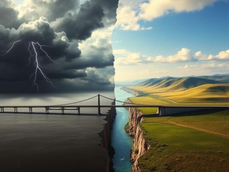 Flick International Conceptual representation of a divided political landscape in America with contrasting chaotic and serene elements.