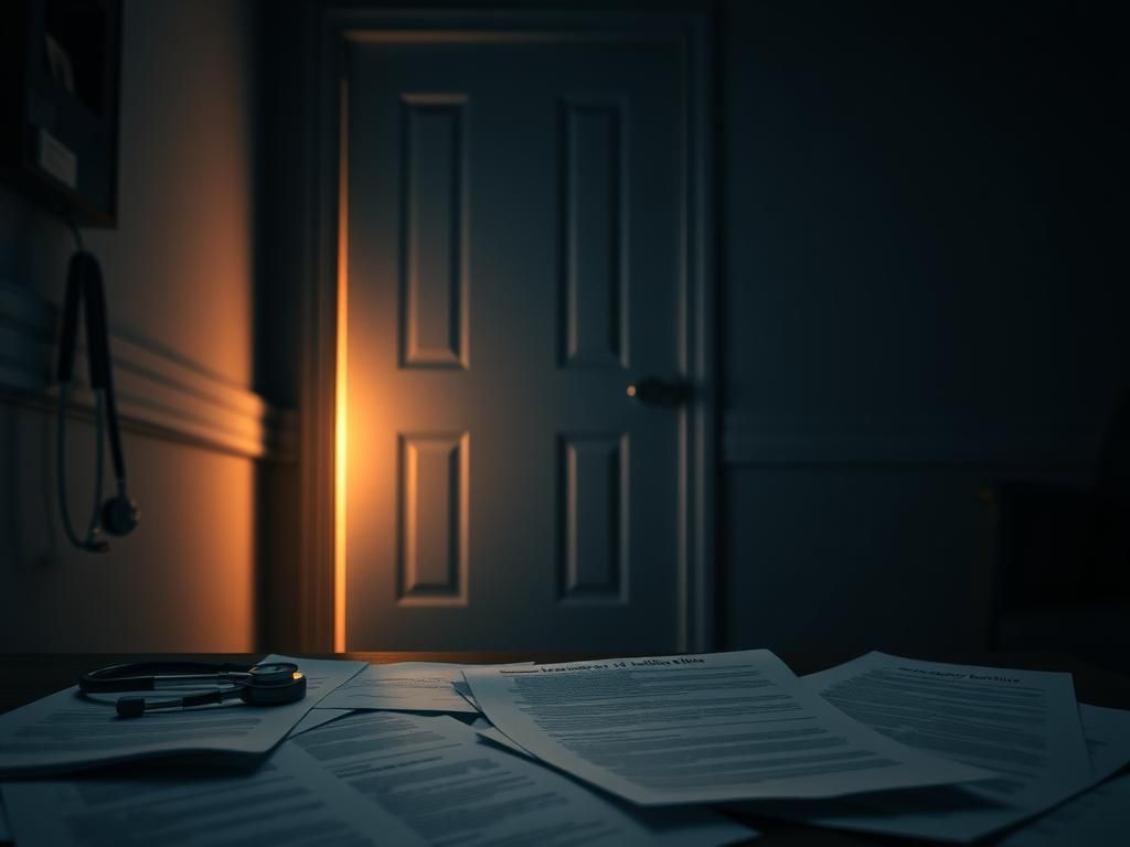 Flick International Shadowy nursing home environment with closed door and faint light