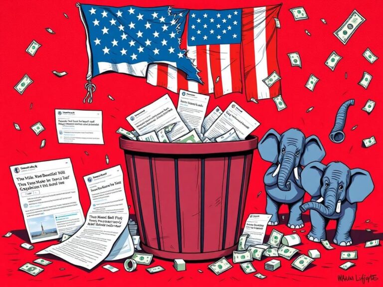 Flick International A large trash bin overflowing with papers and political cartoons depicting the Trump-Musk feud