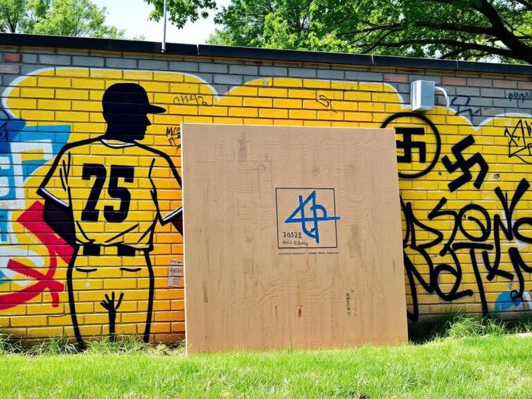 Flick International Mural depicting baseball legends Jackie Robinson and Minnie Miñoso with graffiti vandalism visible