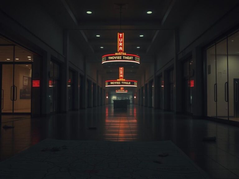 Flick International Dimly lit shopping mall interior with empty corridors and a partially visible map depicting a sinister plan