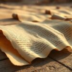 Flick International Close-up of ancient, unrolled Dead Sea Scrolls with faded Hebrew script on rustic wood