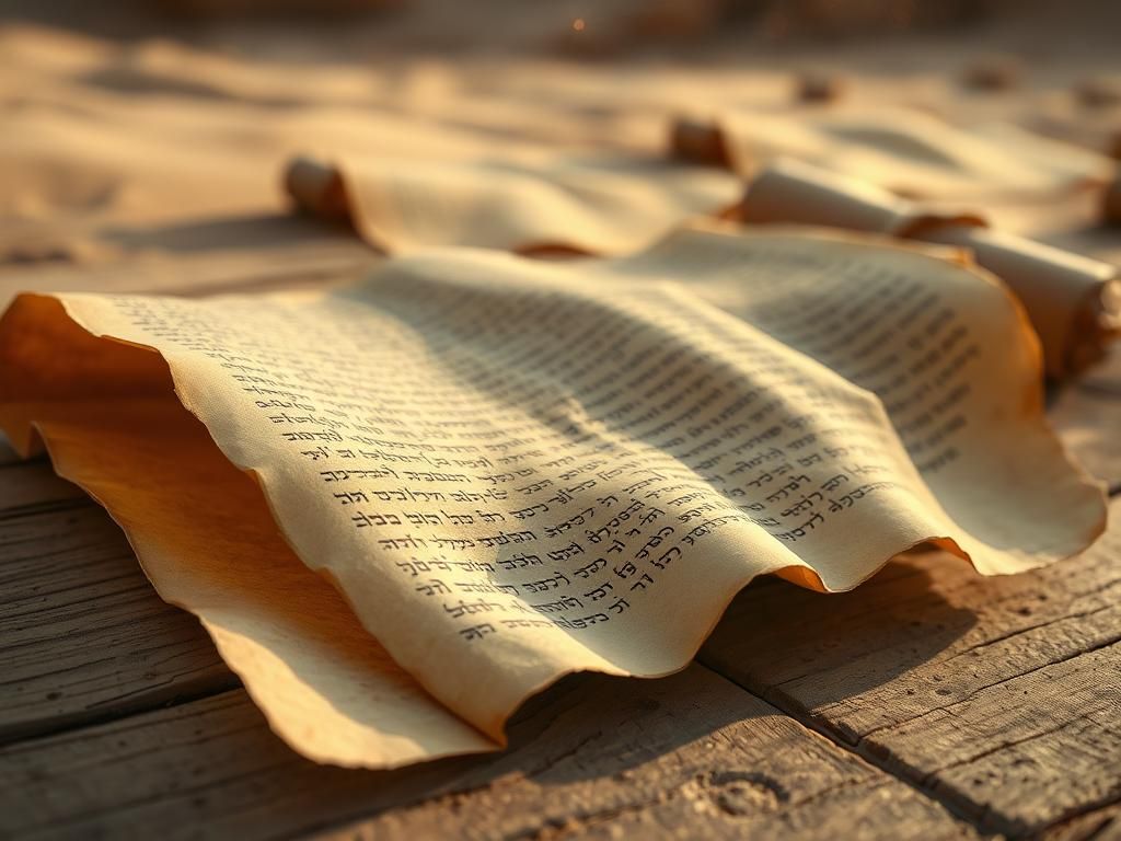 Flick International Close-up of ancient, unrolled Dead Sea Scrolls with faded Hebrew script on rustic wood