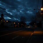 Flick International Somber twilight scene of a quiet city street lined with synagogues and community centers reflecting Jewish culture.